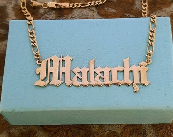 Large Gothic Style Solid 14k Gold Name Pendant and Chain Old English Nameplate Extra-large Size Figaro Chain