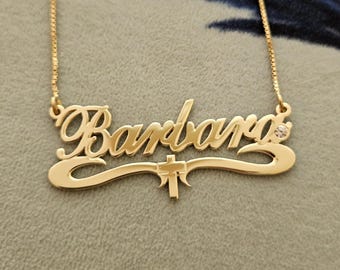 14k Gold Barbara Necklace with CZ Diamond and Cross Accent