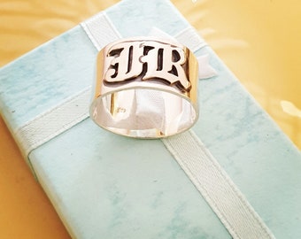 Gotische initiaalring: massief sterlingzilver 925 aangepast monogram