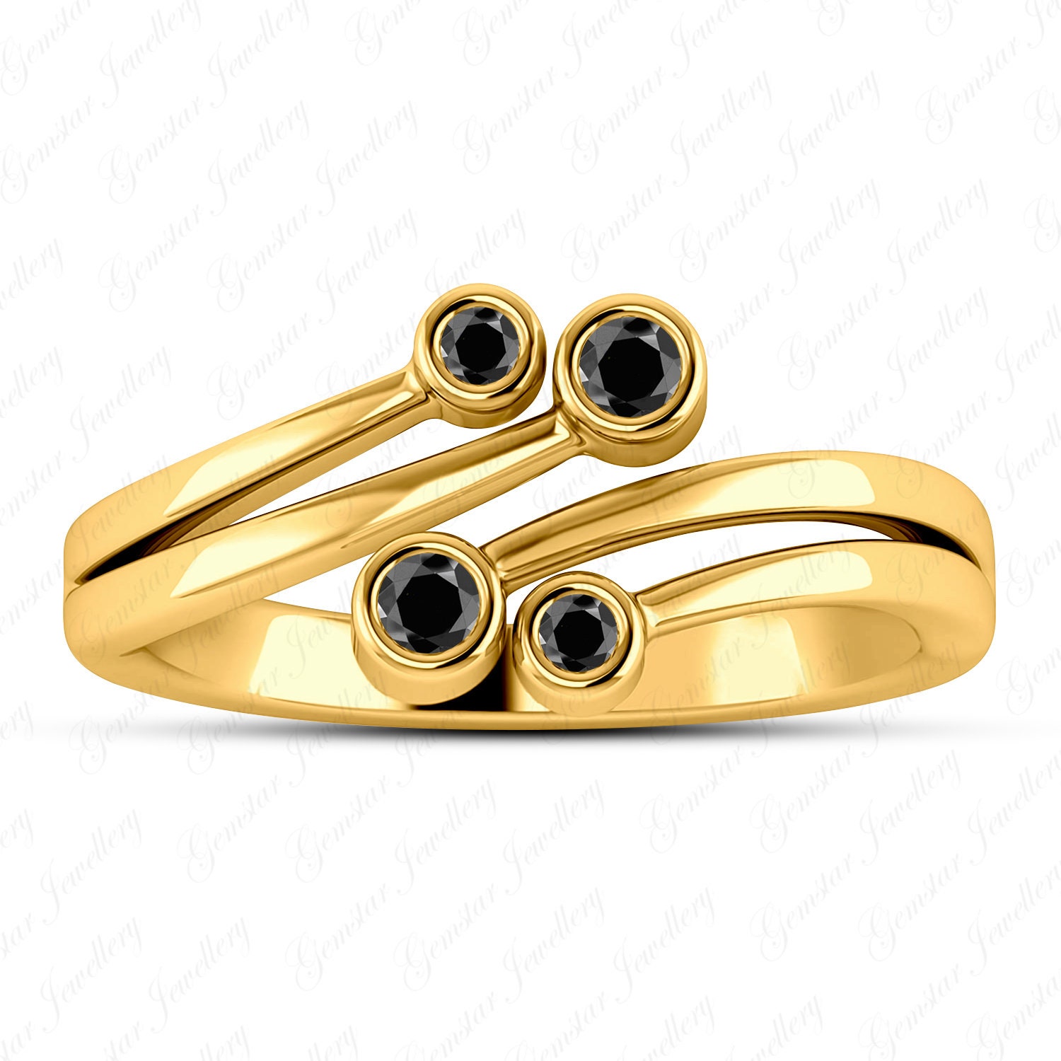 Gemstar Jewellery Round Black Sim Diamond 925 Silver 14k Yellow Gold Finish Bypass Adjustable Toe Ring
