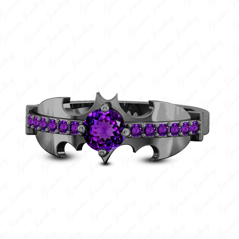 Gemstar Jewellery 18K Black Gold Finishing Round Cut Amethyst Engagement Dark Knight Batman Ring