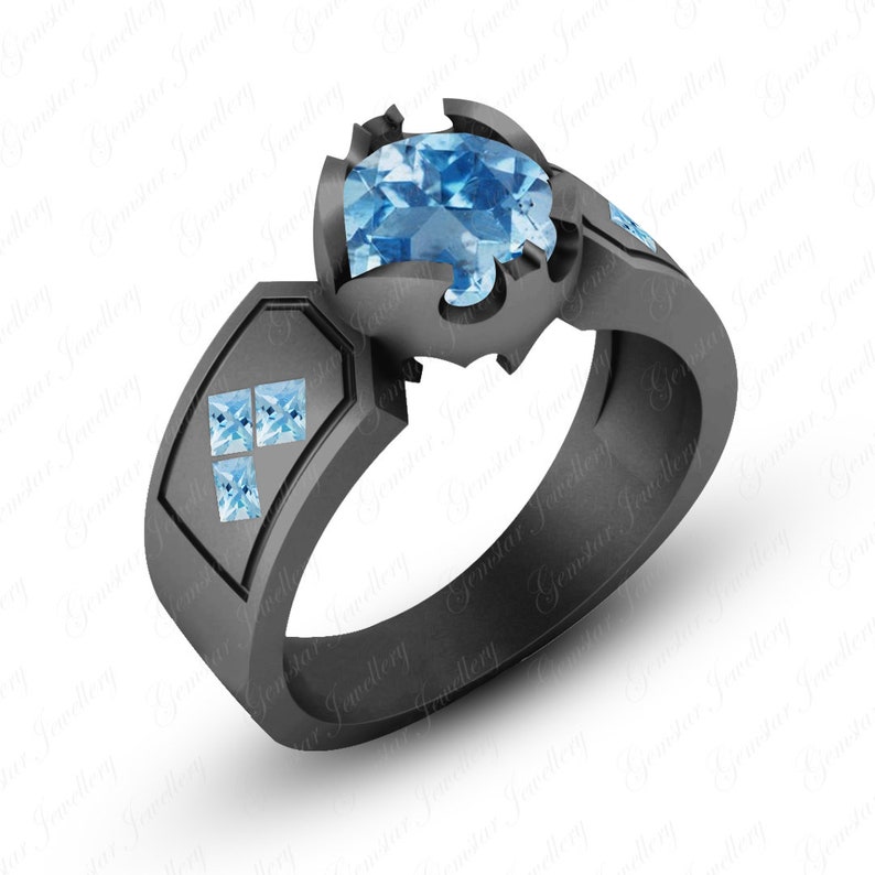 Gemstar Jewellery Engagement Round /& Princess Cut Aquamarine Black Gold Finish Harley Quinn Ring