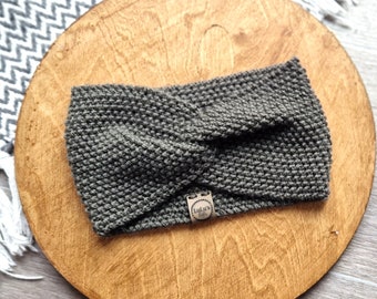 Hand Knit Charcoal Green Cashmerino Ear Warmer Headbands - Adult Child & Toddler