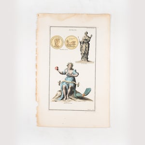 May include: Antique print featuring illustrations of Juno, including a seated figure in a blue gown holding an apple and a lyre. The print also shows two medallions and a standing statue. The artwork is on aged paper with a cream-colored background.