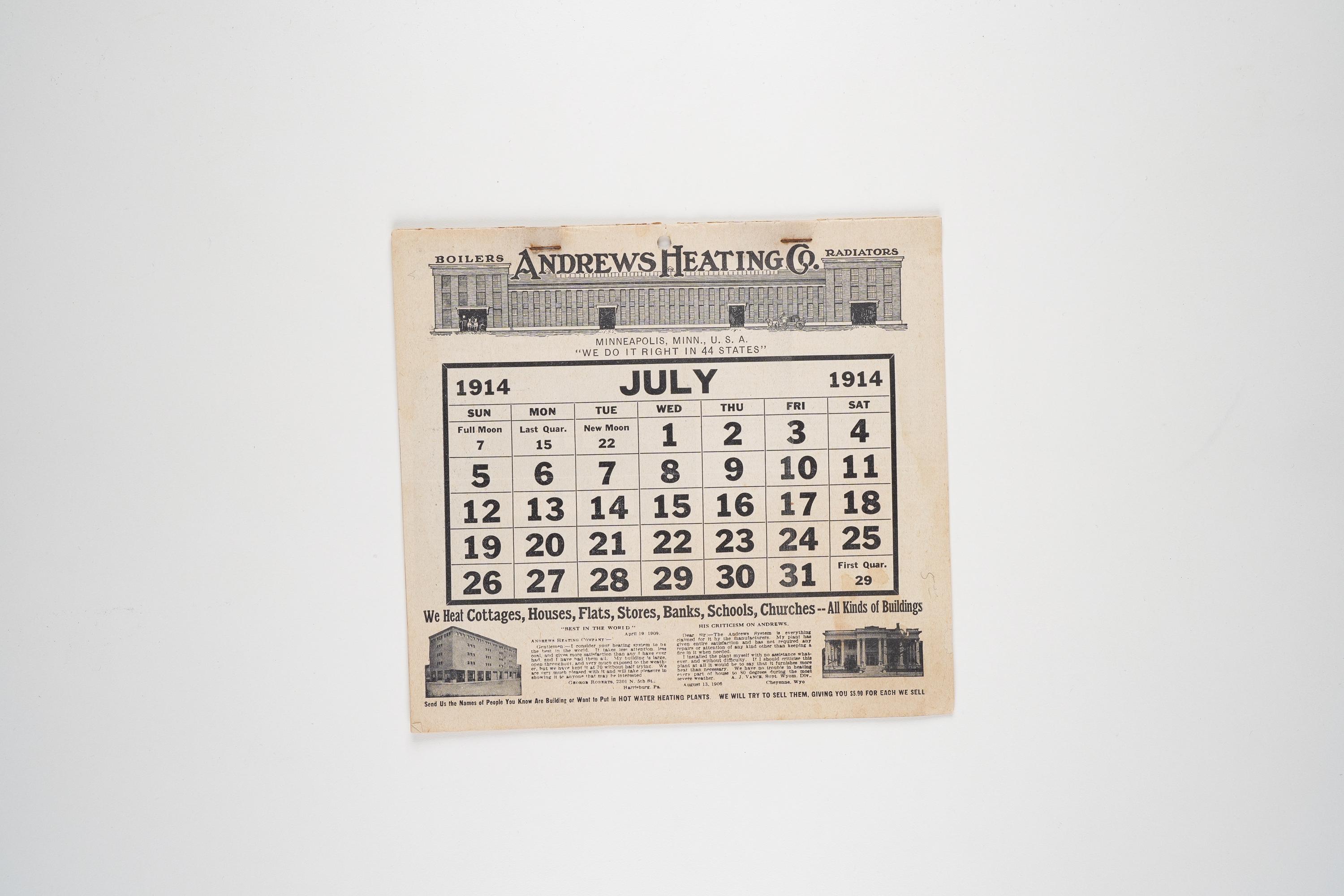 1914 Advertising Calendar by Andrews Heating Co. 1914 Edition  display picture 1