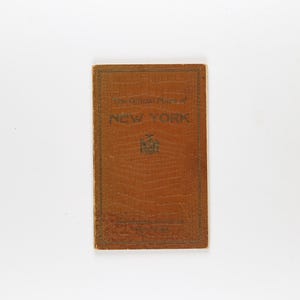 May include: A vintage brown leather-bound guidebook titled "The Official Guide of New York." The cover features embossed text and a decorative emblem. The book is rectangular and appears well-preserved.