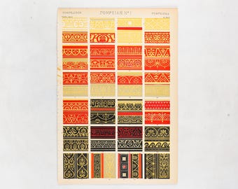 Antique Book Plate - Pompeian No. 1 - Chromolithograph from The Original 1865 Grammar of Ornament by Owen Jones