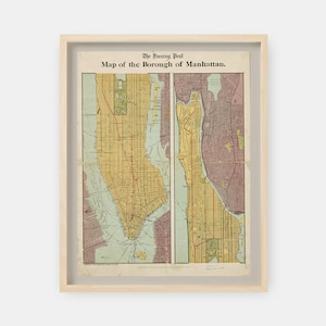 1897 Carte de l'arrondissement de Manhattan par The Evening Post New York City Map Print Poster