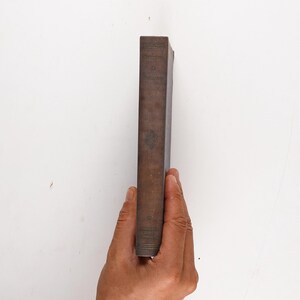 May include: A brown, rectangular book is held vertically against a white background. The book's spine is visible, showing a slightly worn, textured surface. The book is held by a hand.