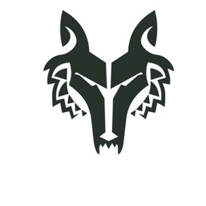 Pode incluir: Uma cabeça de lobo estilizada de cor preta com uma expressão feroz. A cabeça do lobo está virada para a frente com a boca aberta e os dentes visíveis. As orelhas do lobo são pontiagudas e seus olhos estão semicerrados.