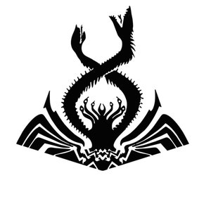 May include: A monochrome graphic design depicting a creature with intertwined serpentine forms and a central, multi-tentacled element. The design has a symmetrical composition with sharp, angular details.