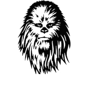 Peut inclure: Illustration en noir et blanc du visage d'un Wookiee. Le Wookiee a une épaisse fourrure et une expression sérieuse.