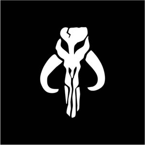 May include: A white Mandalorian symbol with a skull and horns on a black background.
