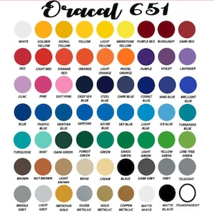 May include: A color chart titled Oracal 651 featuring a grid of circular swatches in various shades including white, yellow, red, orange, purple, blue, green, brown, grey, metallic tones, and black, with each color labeled by its specific name.