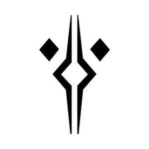 May include: A black and white graphic symbol on a white background. The design features a central vertical line with diamond shapes and a central diamond shape. The symbol is a stylized, geometric representation.