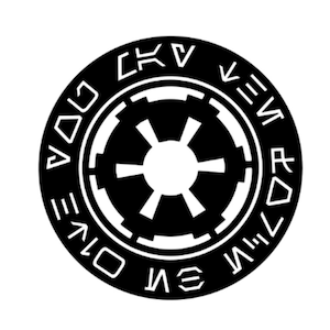 Puede incluir: Gráfico circular en blanco y negro con el símbolo Imperial de Star Wars. El símbolo es una rueda dentada estilizada con ocho radios, rodeada por un anillo de texto en un alfabeto ficticio. El diseño es audaz y gráfico.