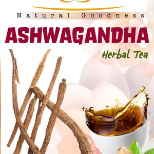 Może przedstawiać: Obrazek pudełka herbaty ziołowej Ashwagandha Lotus Today z napisem &bdquo;Natural Goodness&rdquo;. Obrazek przedstawia korzenie ashwagandhy, filiżankę herbaty, imbir oraz napis &bdquo;20 torebek herbaty&rdquo;.