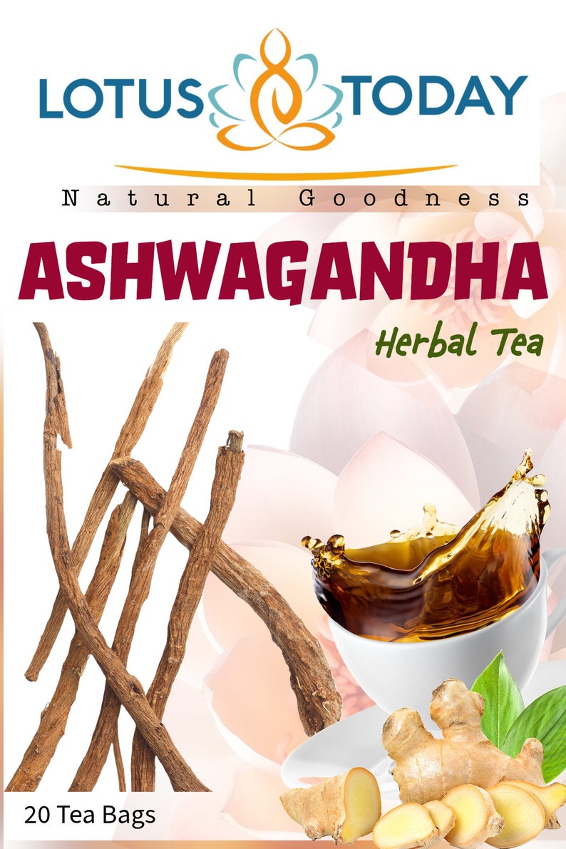 Może przedstawiać: Obrazek pudełka herbaty ziołowej Ashwagandha Lotus Today z napisem &bdquo;Natural Goodness&rdquo;. Obrazek przedstawia korzenie ashwagandhy, filiżankę herbaty, imbir oraz napis &bdquo;20 torebek herbaty&rdquo;.