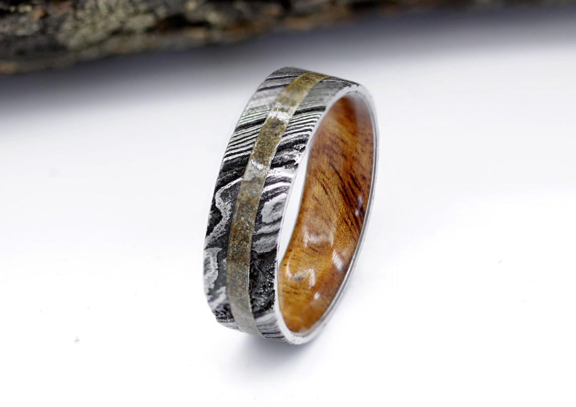 Dinosaur fossil ring Damascus steel wedding band his her