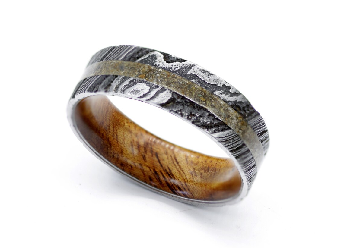 Dinosaur fossil ring Damascus steel wedding band his her