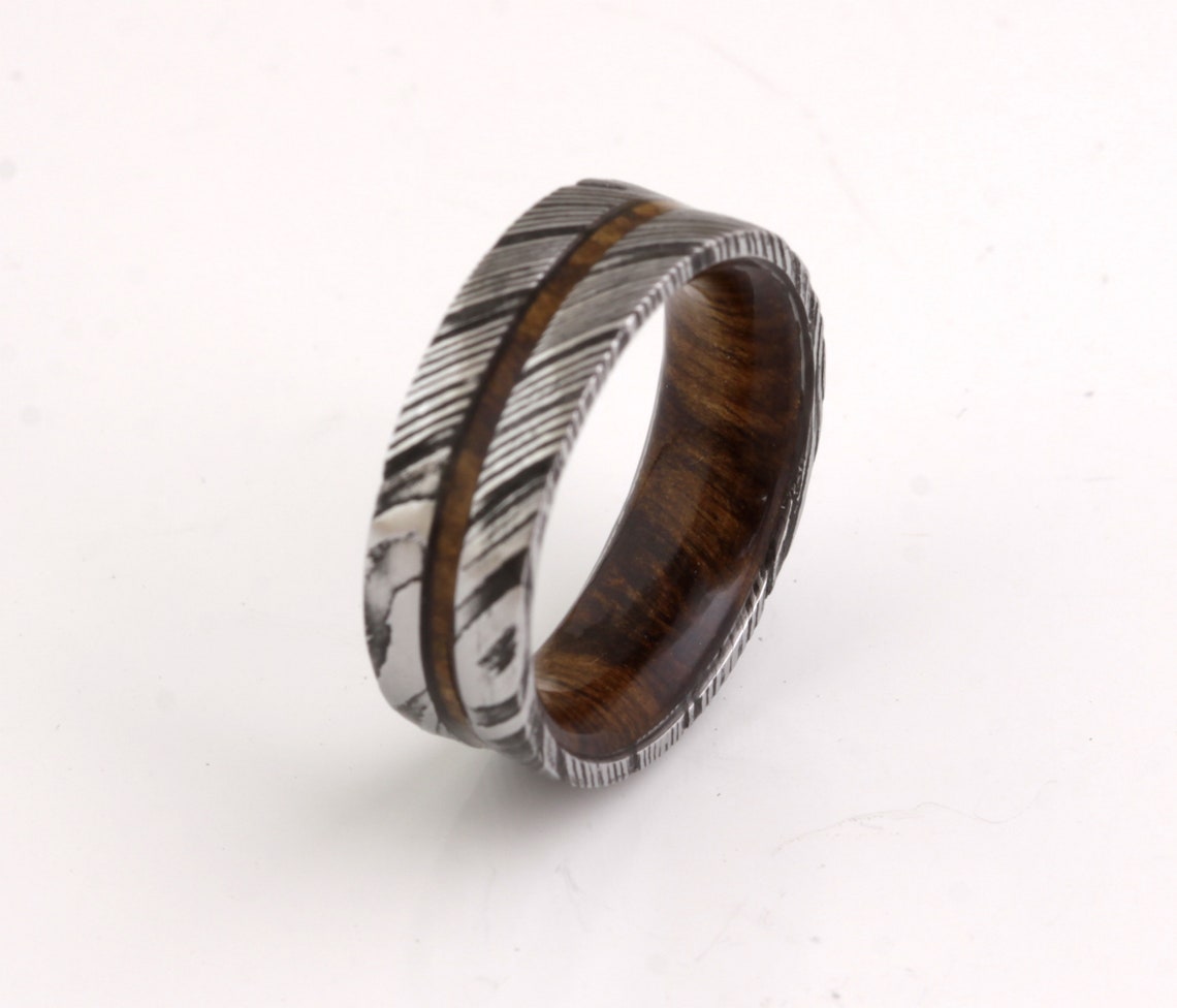 Damascus Steel Ring wedding band mens wedding band wood