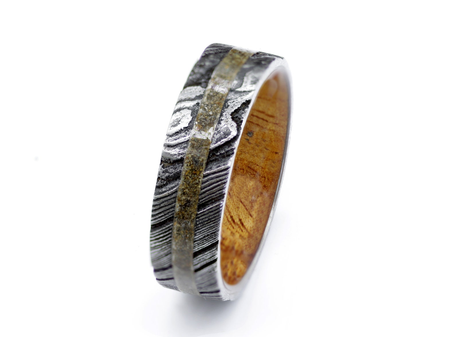 Dinosaur fossil ring Damascus steel wedding band his her