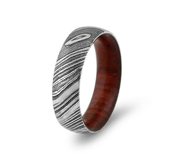 Damascus Steel Ring with Cocobolo Wood wedding ring wooden | Etsy