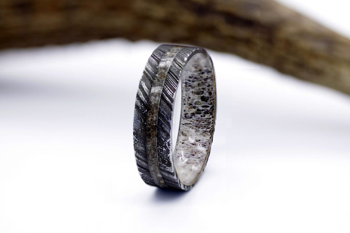Dinosaur fossil ring Damascus wedding band lined with