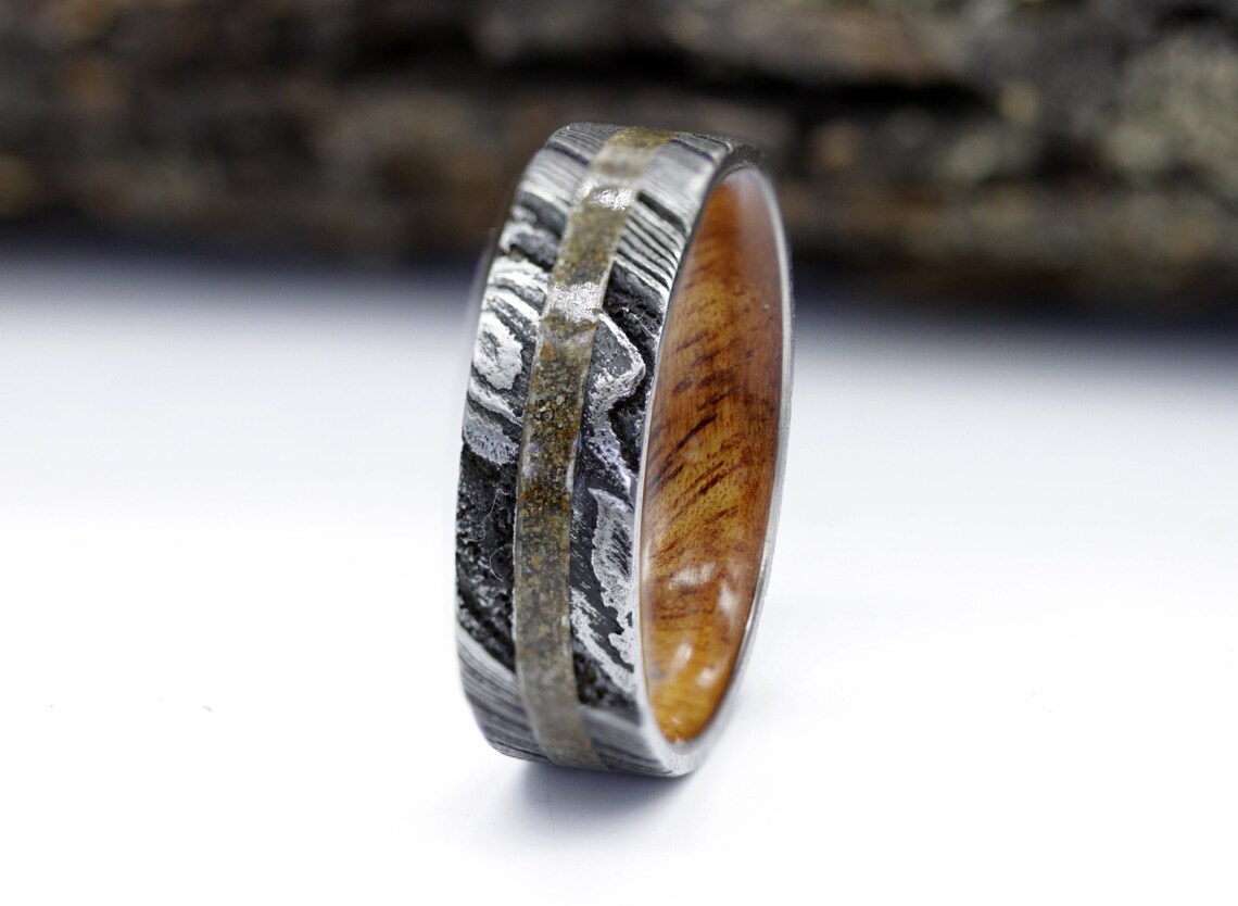 Dinosaur fossil ring Damascus steel wedding band his her