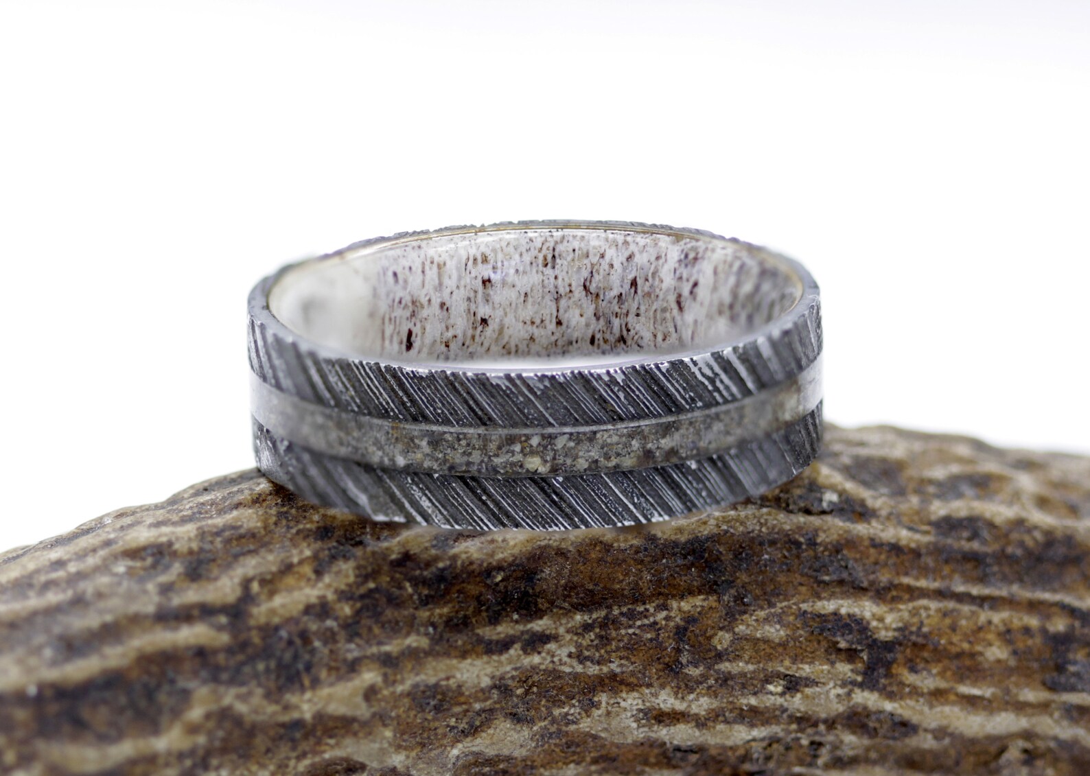 Dinosaur fossil ring Damascus wedding band lined with