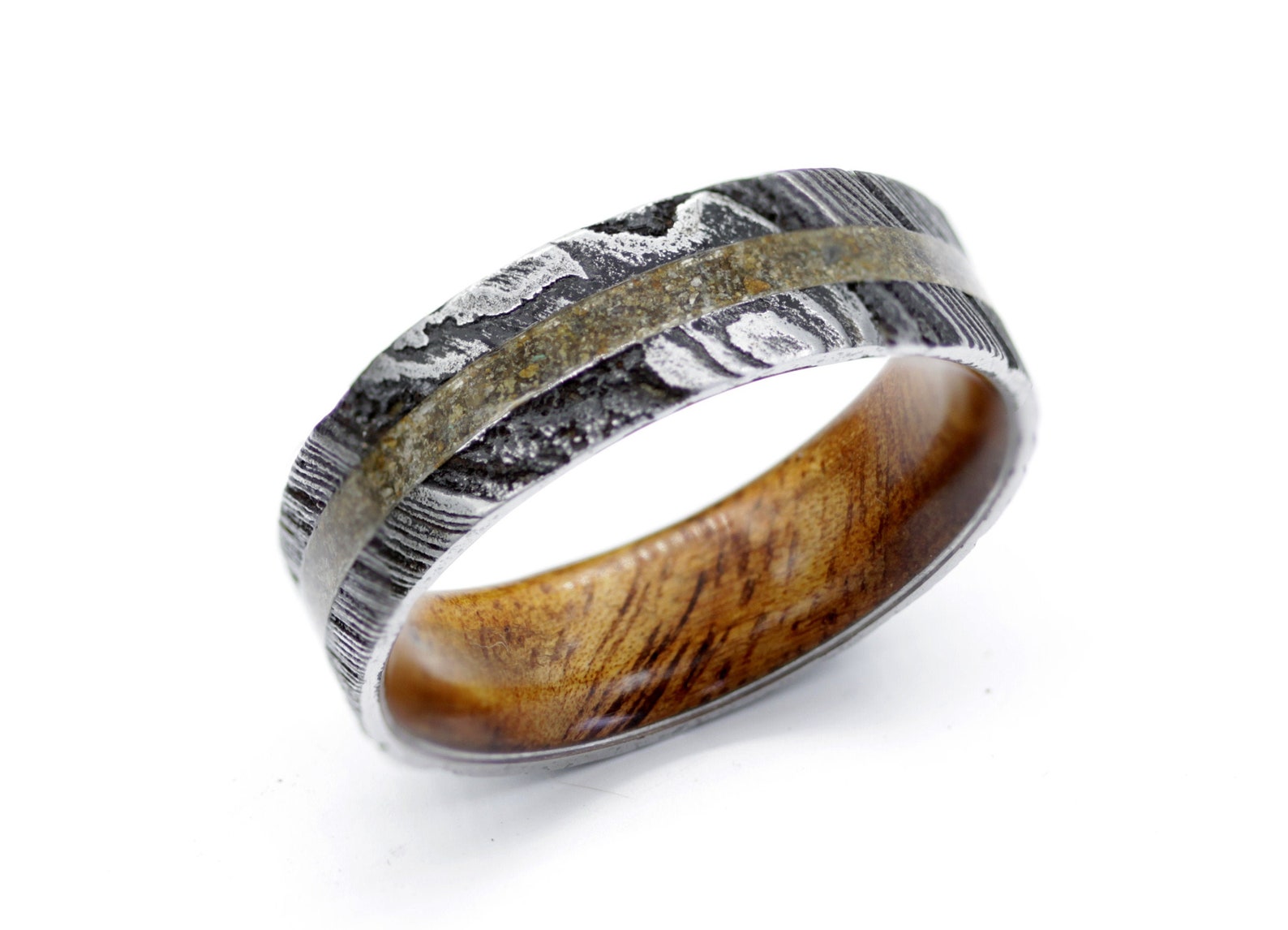 Dinosaur fossil ring Damascus steel wedding band his her