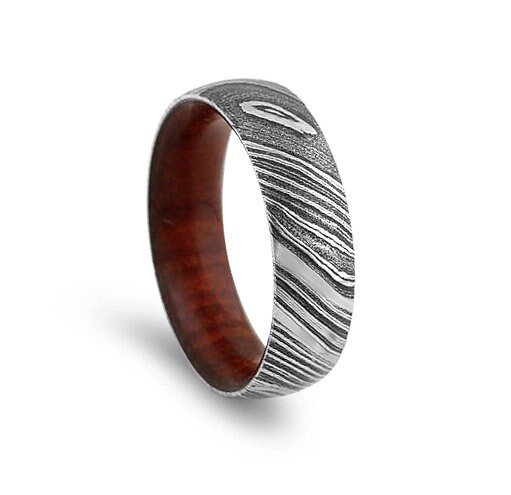 Damascus Steel Ring with Cocobolo Wood wedding ring wooden | Etsy