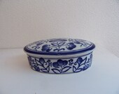 jewelry box blue candy White Oval ceramic Chinese painted porcelain trinket decorative vintage Asian trinket