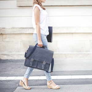Porte-documents pour dames: Grande mallette / sac d’enseignant taille L, cuir de buffle, 420-n bleu-noir