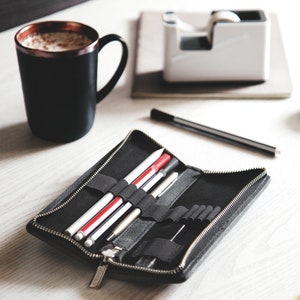 Gift Ideas: Exclusive Foldable Pencil Case / Leather Etui, Buffalo Leather, Black, custom engraving possible, 012