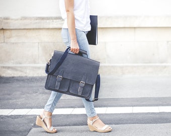 Briefcase Woman: Large Briefcase / Teacher Size L, Buffalo Leather, 420-n Blue Black