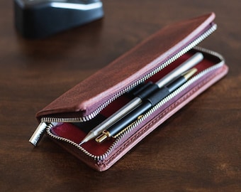 Exclusive Foldable Pencil Case / Leather Etui, Buffalo Leather, Rust Red, custom engraving possible, 012