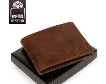 Slim wallet / thin billfold for men with RFID protection, horizontal format, leather, Black, Brown, Rust Red, ha-108