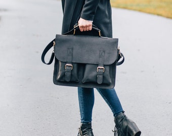 Compact briefcase / business bag for women and men, size M, buffalo leather in vintage style, 410-n black