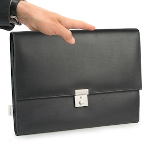 A4 Porte-documents / dossier en cuir avec serrure pour femme et homme, cuir, noir, personnalisation possible, 1022