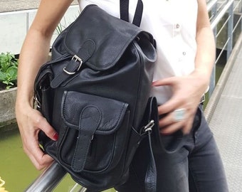 Retro Backpack Woman: Large Backpack / Laptop Backpack, Size L, Nappa Leather, 560 Black