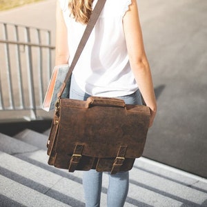 Briefcase Woman: Very Large Briefcase / Teacher Bag, Size XL, Buffalo Leather, 422 Brown Used Look