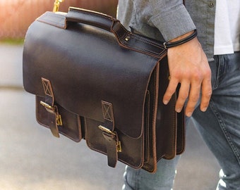 Gift Ideas: Natural Leather Briefcase / Teacher Bag for Women and Men, Size L, Aniline Leather, 420-aniline Brown