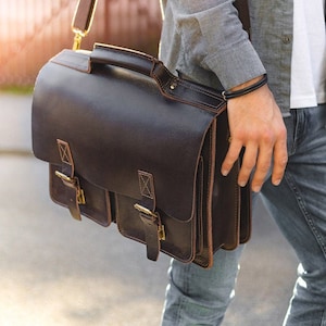 Gift Ideas: Natural Leather Briefcase / Teacher Bag for Women and Men, Size L, Aniline Leather, 420-aniline Brown