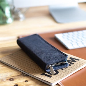 Exclusive Foldable Pencil Case / Leather Etui, Buffalo Leather, Blue Black, custom engraving possible, 012