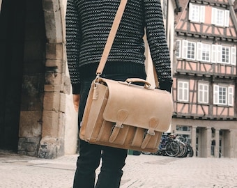 Gift Ideas: Briefcase / Teacher Bag for Women and Men, Size L, Buffalo Leather, 600 Beige