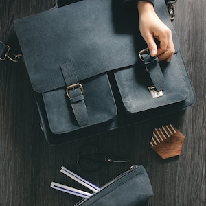 Porte-documents pour femmes: Grande mallette / sac d’enseignant, taille L, cuir de buffle, noir 420-n