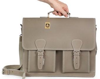 Aktentasche / Lehrertasche für Damen und Herren, Größe L, Büffel-Leder, 600 Grau-Taupe