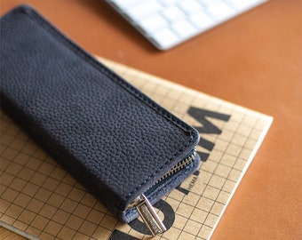 Gift Ideas: Exclusive Foldable Pencil Case / Leather Etui, Buffalo Leather, Blue Black, custom engraving possible, 012