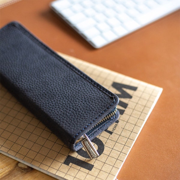 Gift Ideas: Exclusive Foldable Pencil Case / Leather Etui, Buffalo Leather, Blue Black, custom engraving possible, 012